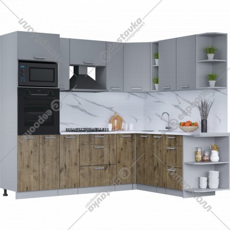 Готовая кухня «Интерлиния» Мила Лайт 1.88х2.4 (PR), серебро/дуб веллингтон/белый гранит