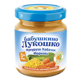 Пюре овощное «Бабушкино Лукошко» кукуруза, кабачок и морковь, 100 г