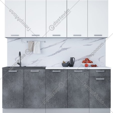 Готовая кухня «Интерлиния» Мила Лайт 2.0, белый платинум/бетон портленд/белый гранит