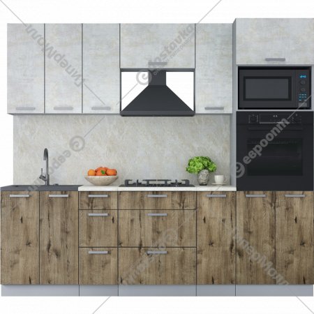 Готовая кухня «Интерлиния» Мила Лайт 2.4 ВТ, бетон лайт/дуб веллингтон/опал светлый