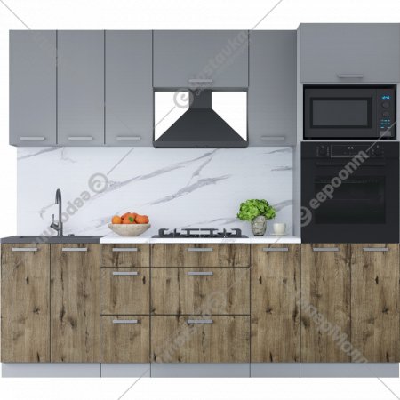 Готовая кухня «Интерлиния» Мила Лайт 2.4 ВТ, серебро/дуб веллингтон/белый гранит